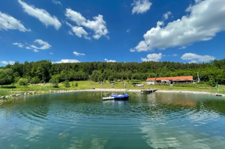 Naturbadesee umrandet von Bäumen mit blauen Himmel und weißen Wolken
